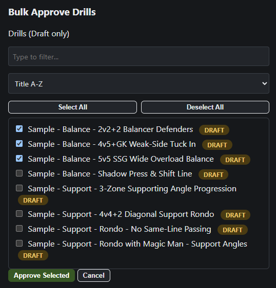 OnTheGrass Bulk Update screen with a checklist of session plans to approve, delete, or unapprove at once