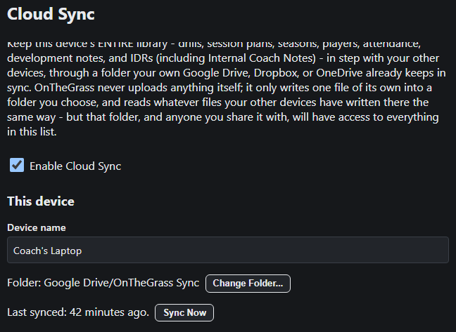 OnTheGrass Cloud Sync settings screen, enabled and synced to a Google Drive folder