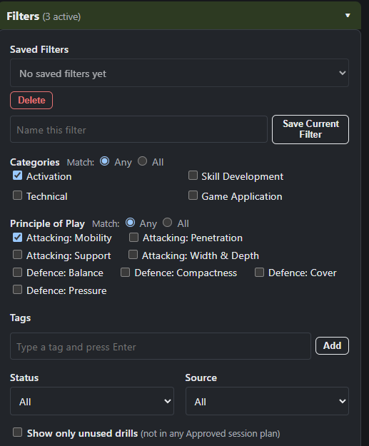 OnTheGrass drill filter panel with categories and principles of play checkboxes