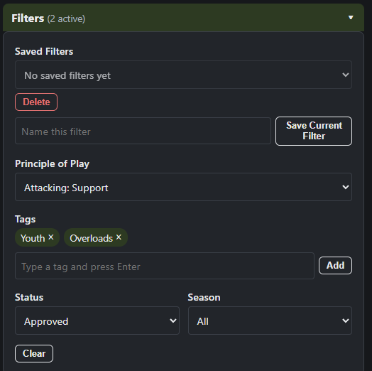 OnTheGrass session plan filters by principle of play, tags, status, and season