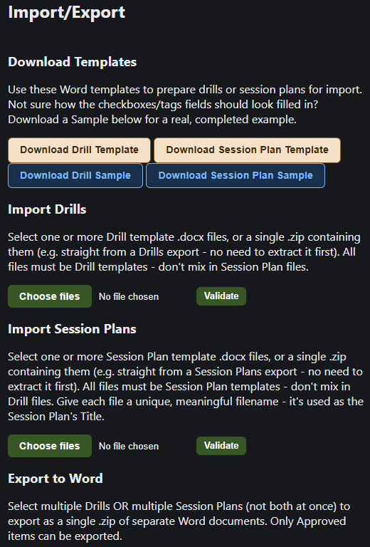 OnTheGrass Import/Export screen with Word templates for drills and session plans