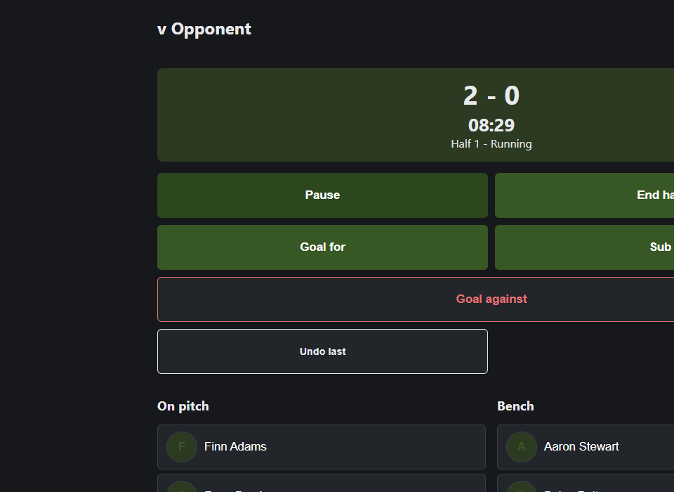 OnTheGrass live match tracker mid-game, showing the score, half timer, and on-pitch squad