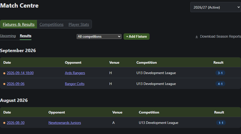 OnTheGrass Match Centre results list showing a season's scores against real opponents
