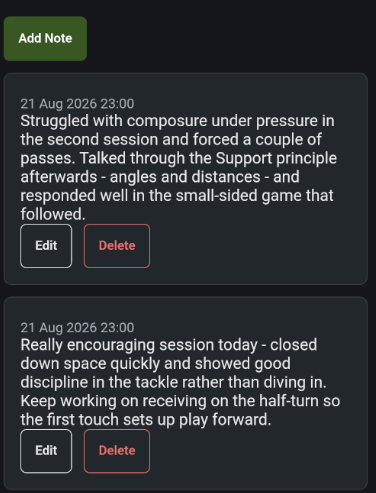 OnTheGrass Development Notes screen with dated observations logged for a player