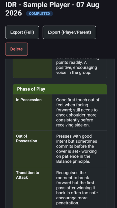 OnTheGrass Individual Development Review showing Phase of Play notes for a player
