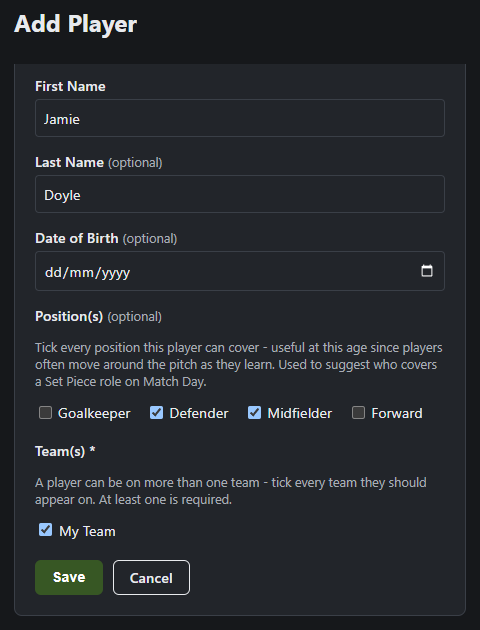 OnTheGrass player profile with multiple positions ticked - Defender and Midfielder