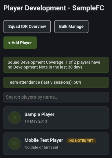 OnTheGrass Player Development squad list showing each player's profile and the team's attendance rate