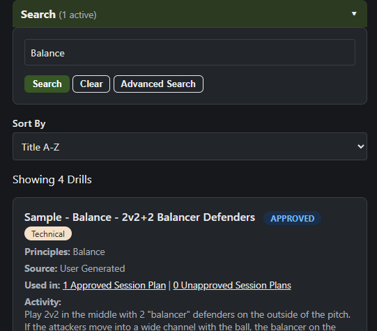 OnTheGrass drill search returning a matching drill with its categories and principles