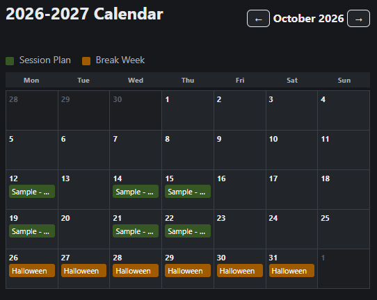 OnTheGrass season calendar view showing session plans and break weeks colour-coded by month