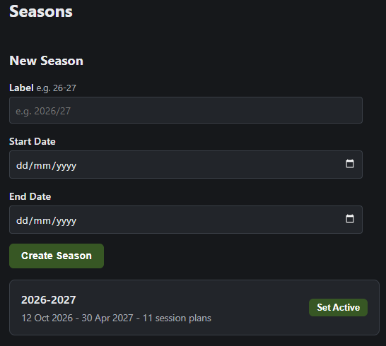 OnTheGrass Seasons screen showing an active season with its dates and session plan count