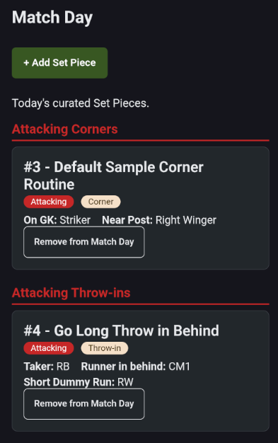 OnTheGrass Match Day screen showing set pieces grouped by side and type