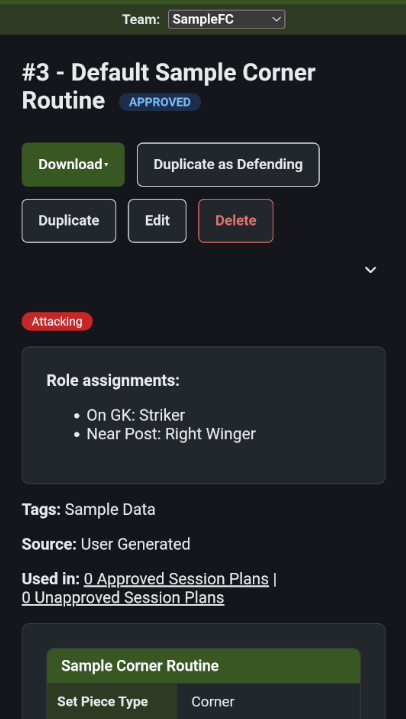 OnTheGrass Set Piece role assignments linked to real players on the roster