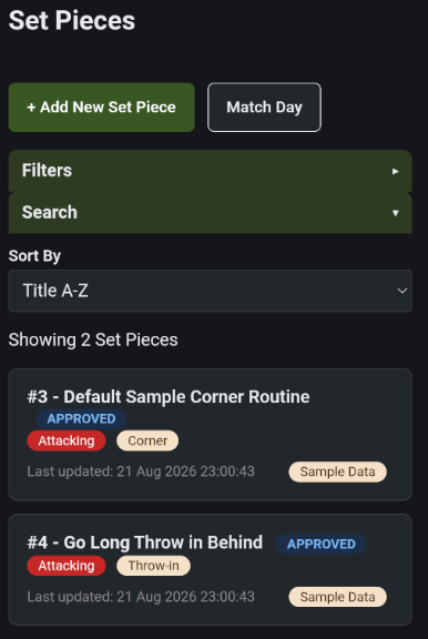 OnTheGrass Set Pieces list showing corner and throw-in routines with their side and type