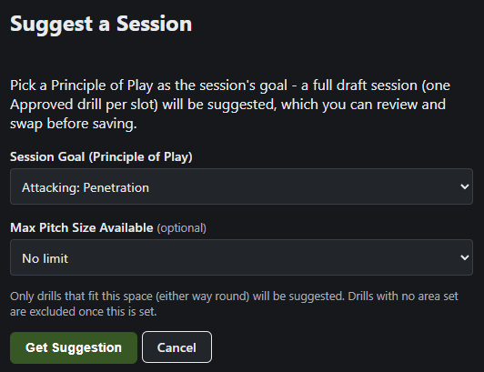 OnTheGrass Suggest a Session screen offering a full draft session for a chosen principle of play