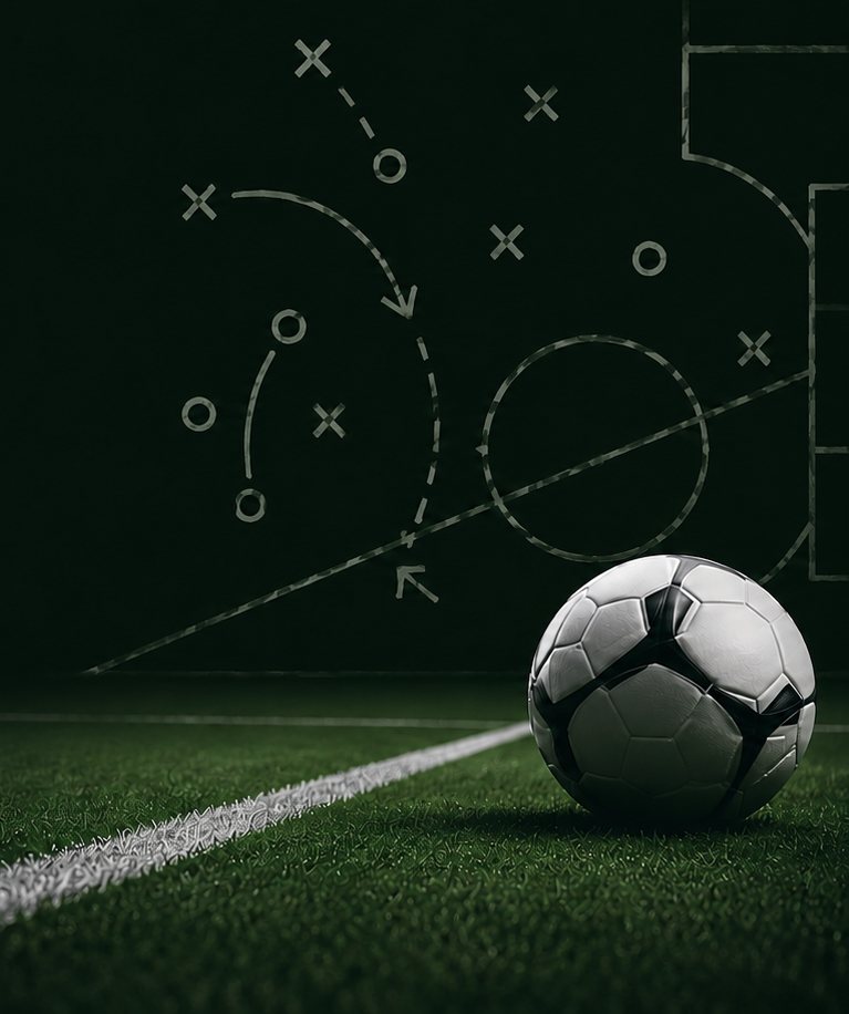 A hand-drawn tactics diagram behind a football resting on the pitch