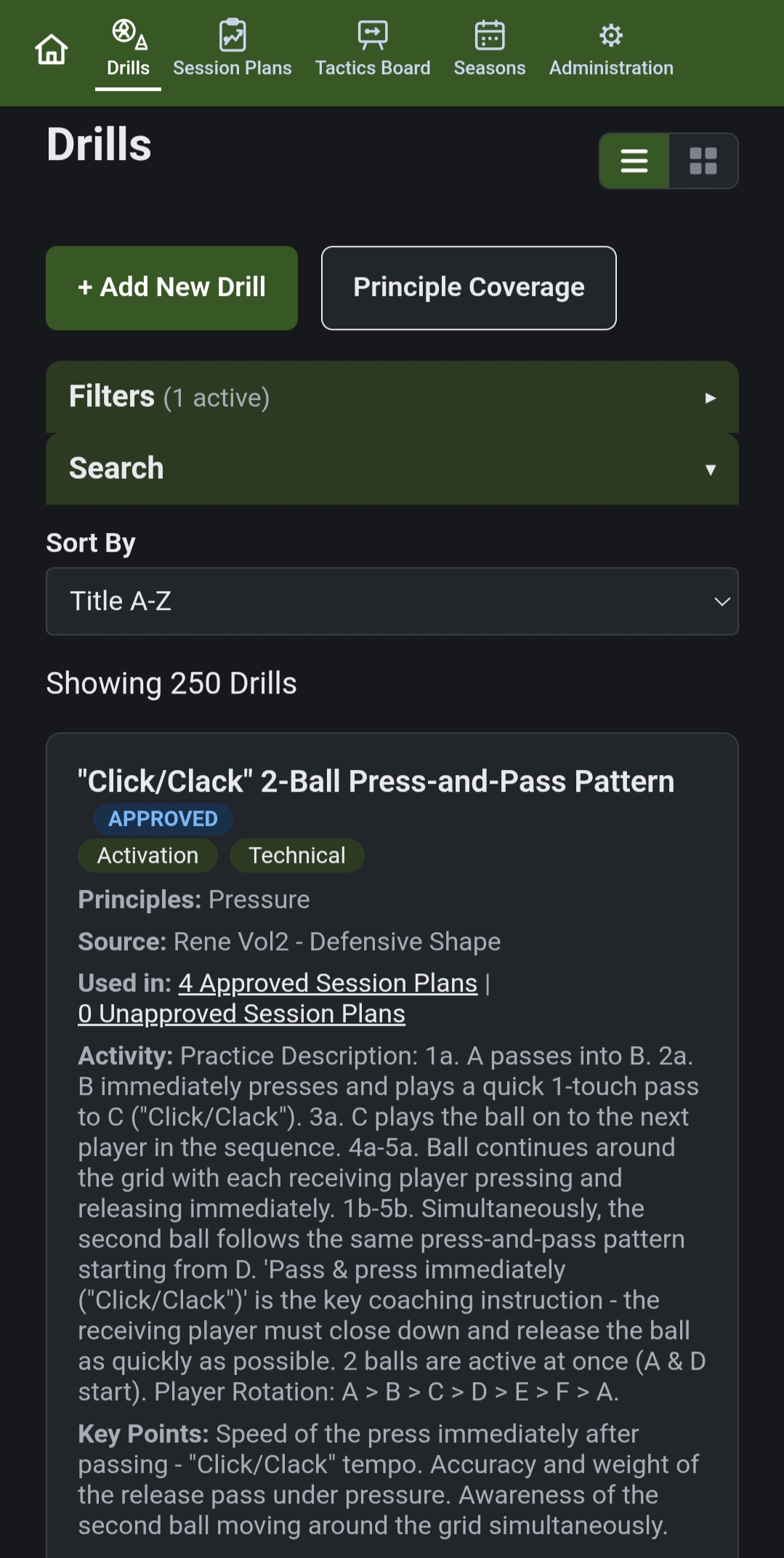 OnTheGrass Drill Library screen showing a filterable, sortable list of drills