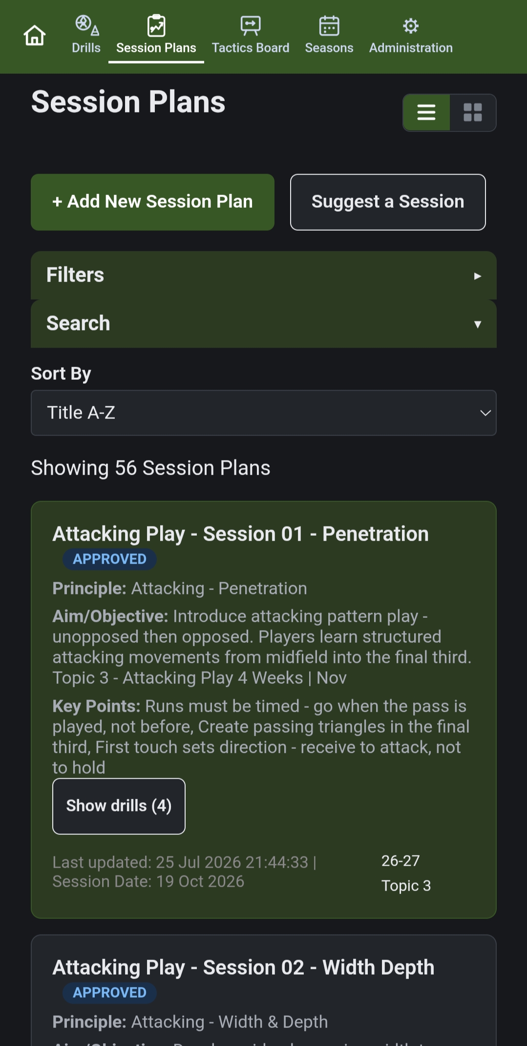 OnTheGrass Session Plans screen showing a list of planned coaching sessions