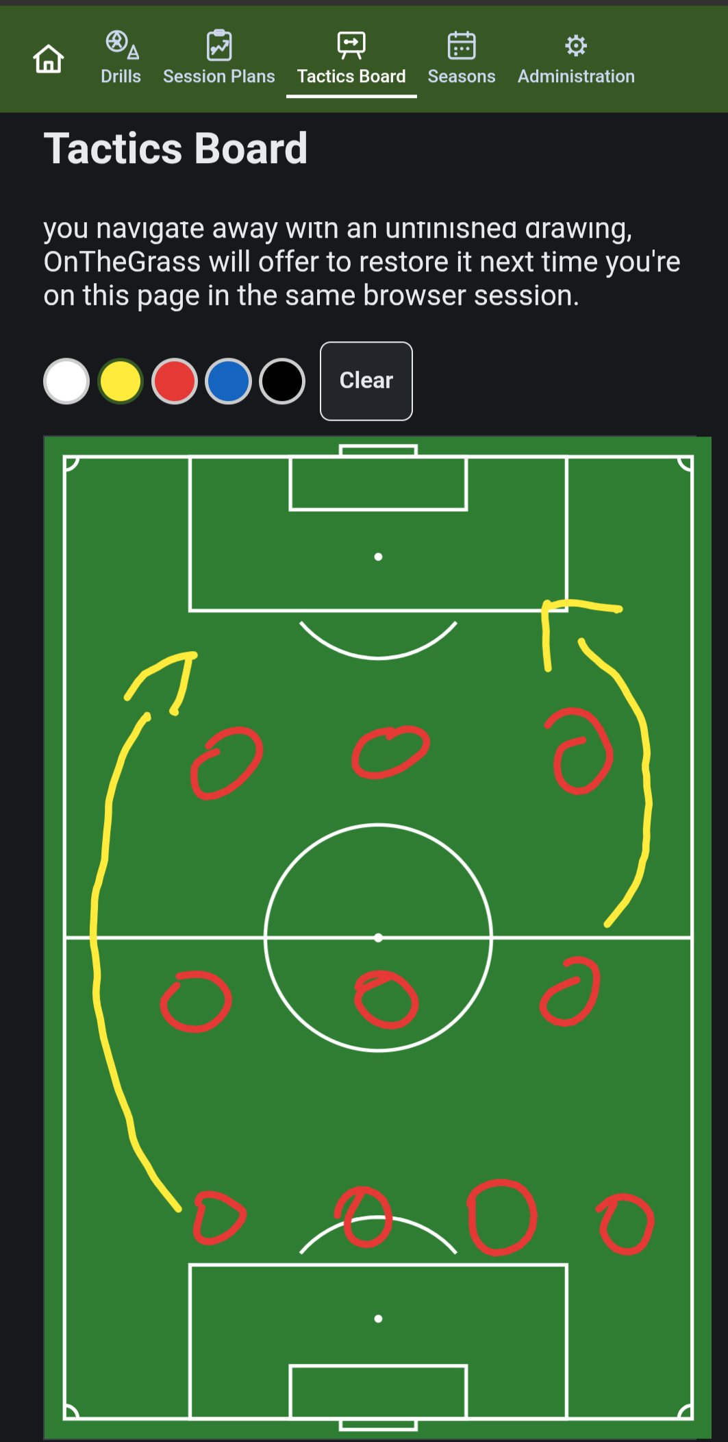 OnTheGrass Tactics Board with freehand player movement drawn on a pitch